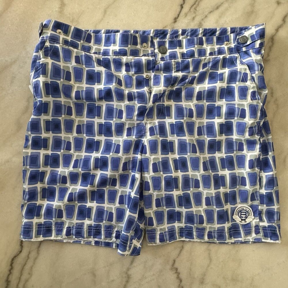 Robinson Les Bains Mens S Blue Retro Geometric Swim Trunks Designer Board Shorts